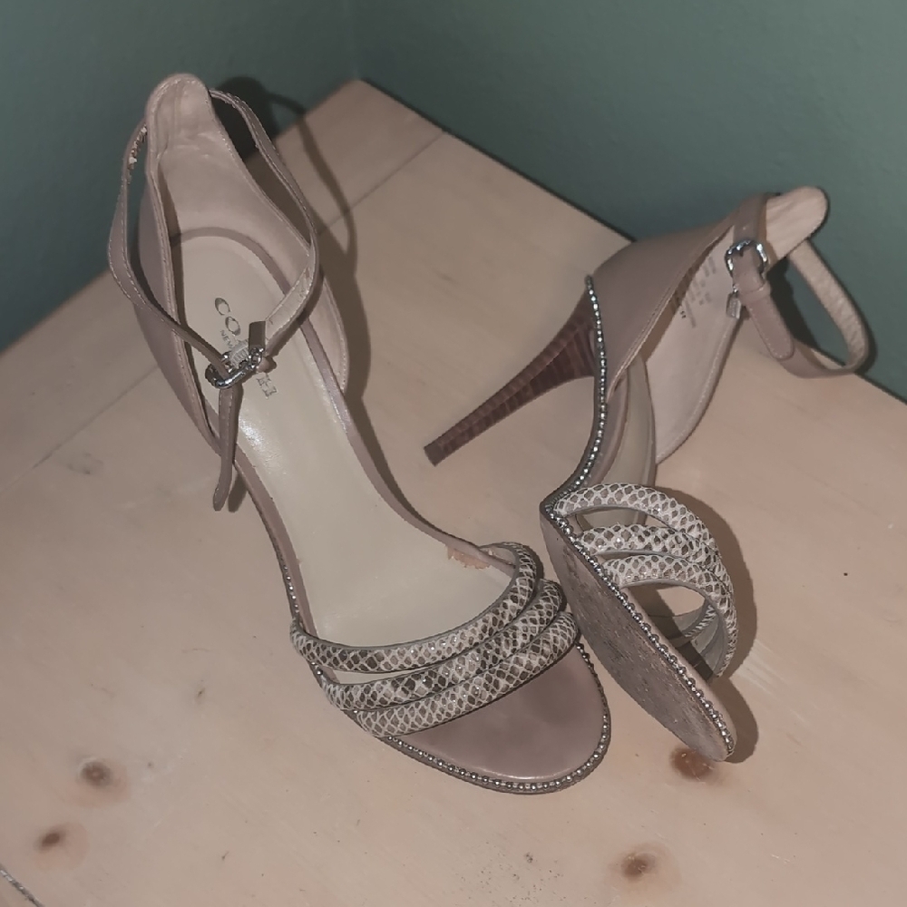 Coach Taupe and Silver Women's Snake Skin Strappy Heels